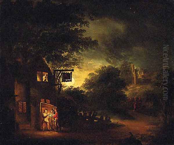 Figures by a moonlit Tavern - view 1