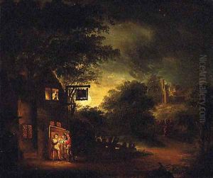 Figures by a moonlit Tavern by English School