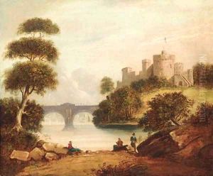 Figures by a river with a hilltop castle beyond by English School
