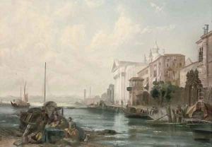 Figures mending nets with a capriccio Venetian scene behind by English School