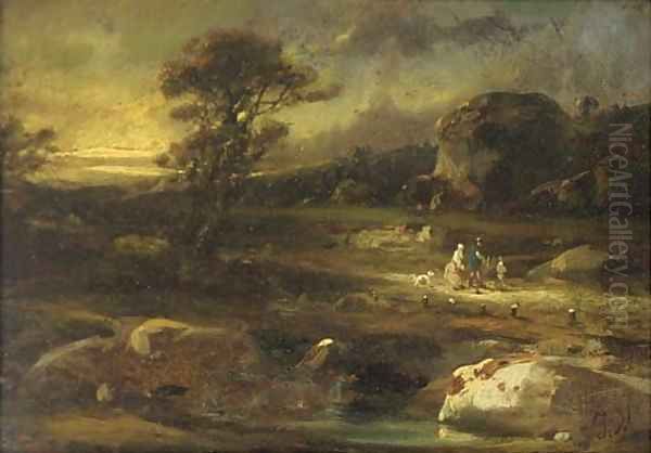 Figures on a path at sunset - view 1