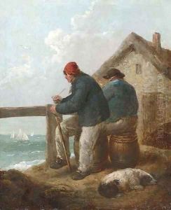 Figures on the bank of a river with cattle watering beyond by English School