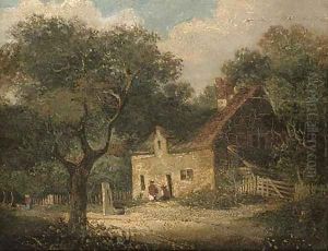 Figures outside a woodland cottage; and Figures before a country cottage by English School