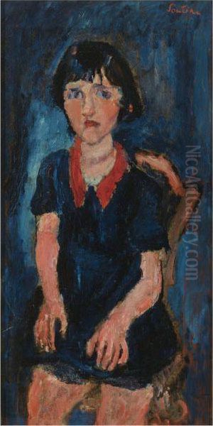 La Fillette En Robe Bleue Au Col Rouge - view 1