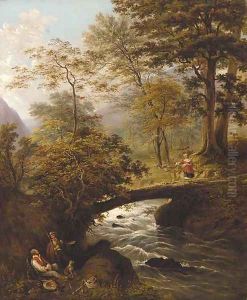 Figures resting by a river with a shepherdess on a bridge beyond Figures resting by a river with a shepherdess on a bridge beyond