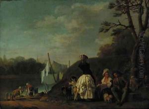 Figures resting by a riverbank, with women washing clothes beyond by English School