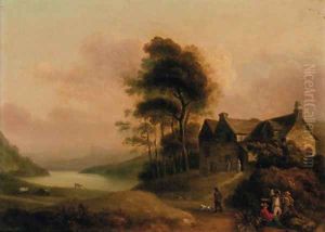 Figures resting by a track before a cottage in a wooded lake landscape by English School