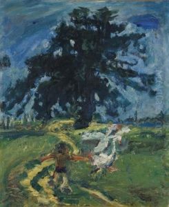 Enfant Aux Oies Devant Un Grand Arbre