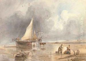 Fisherfolk on the beach by English School