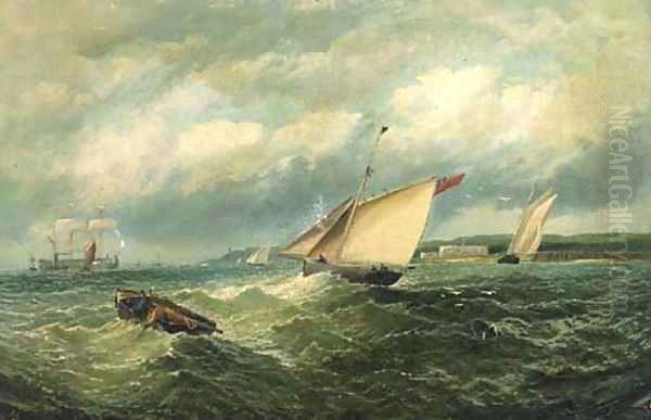 Fishermen drawing in the nets amongst other vessels in the Channel - view 1