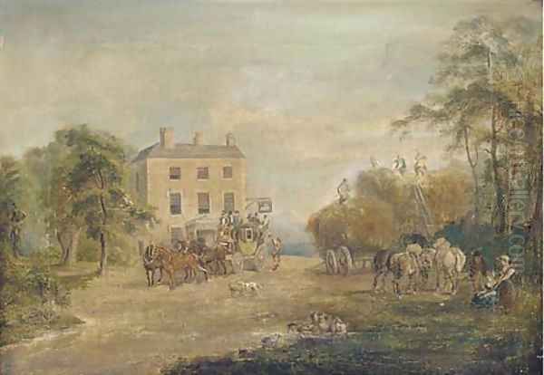Harvesters and travellers outside the Swan Inn - view 1