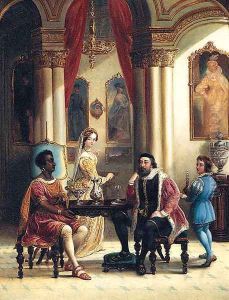 Merchants seated in a classical Interior