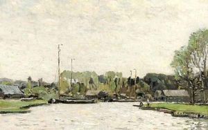 Moored boats on the Norfolk Broads by English School