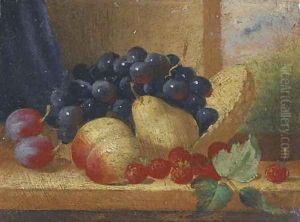 Plums, grapes, a peach, a pear, and raspberries by an upturned basket on a ledge Plums, grapes, a peach, a pear, and raspberries by an upturned basket on a ledge