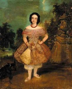 Portrait of a girl, full length, standing by the garden steps holding a posy by English School