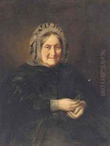 Portrait of a lady, half-length, in a black dress, holding a sprig