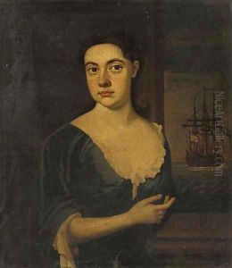 Portrait of a lady, half-length, in a blue dress, a man-o-war beyond Portrait of a lady, half-length, in a blue dress, a man-o-war beyond