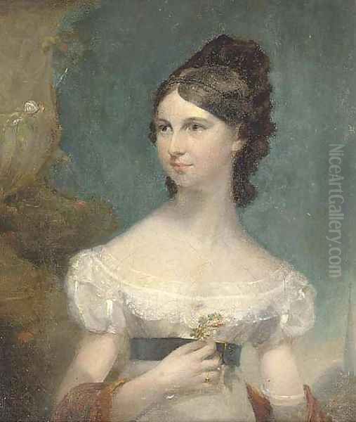 Portrait of a lady, small half-length, in a white dress and orange shawl, holding a flower - view 1
