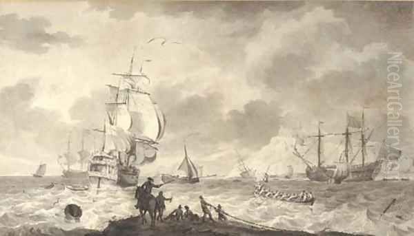 Shipping in choppy sea, a horseman and attendants on a spit in the foreground, a harbour, possibly Dover, beyond - view 1