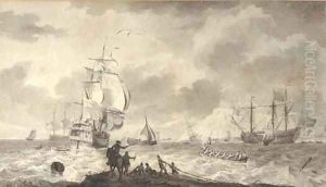 Shipping in choppy sea, a horseman and attendants on a spit in the foreground, a harbour, possibly Dover, beyond by English School