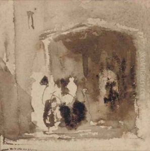 Studies of figures outside a building