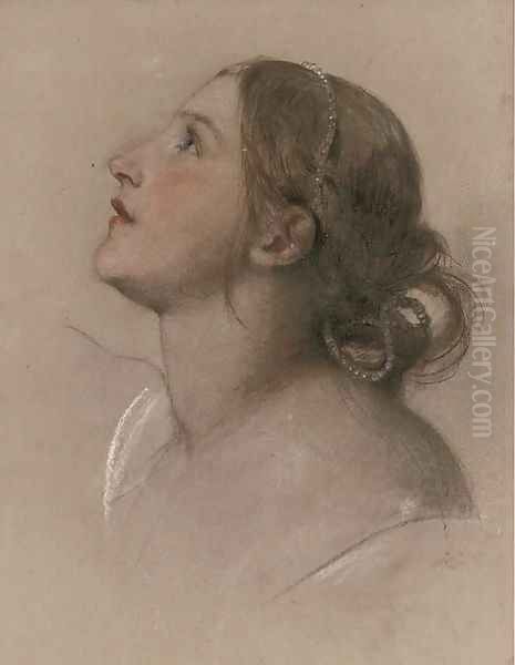 Study of the head of a girl, in profile to the left, with pearls in her hair - view 1