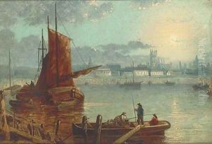 Sunset over a harbour by English School