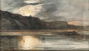 Sunset over a lake, a castle in the distance Sunset over a lake, a castle in the distance