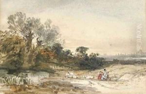 Travellers conversing at the roadside by English School
