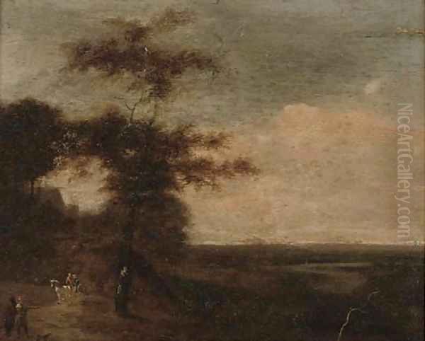 Travellers on a country road at dusk - view 1