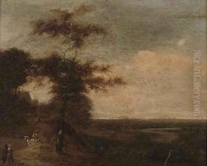 Travellers on a country road at dusk by English School