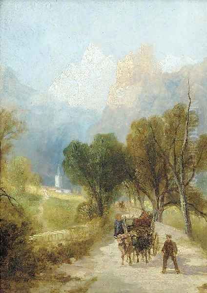 Travellers on an Alpine path, below what is thought to be the Matterhorn - view 1