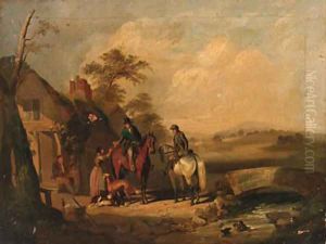 Travellers taking refreshments by a cottage by English School