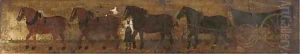A cart and horses in a landscape by English School