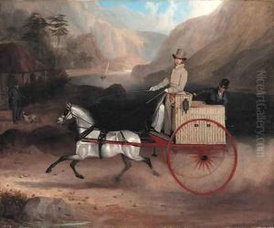 A Gentleman and a Man Riding in a Cart pulled by a white pony