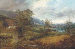 Cottages in a landscape by English School