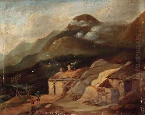 Figures before a croft in a Highland landscape