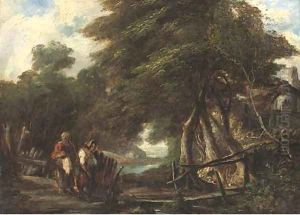 Figures by a stream in a wooded landscape by English School