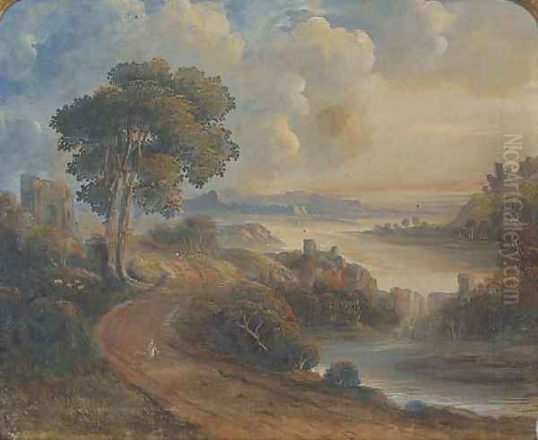 Figures on a coastal path by a ruined tower, an extensive landscape beyond - view 1