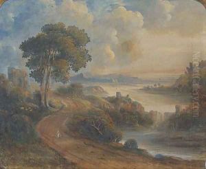 Figures on a coastal path by a ruined tower, an extensive landscape beyond