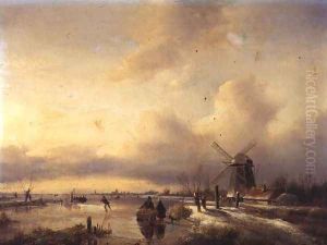 Figures in a Frozen River Landscape by Hendrik Jacobus Scholten