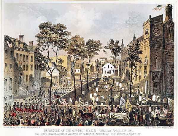 Departure of the 69th Regiment, N.Y.S.M., April 23rd 1861, the Irish Headquarters around St. Patricks Cathedral, corner of Prince and Mott Street, New York - view 1