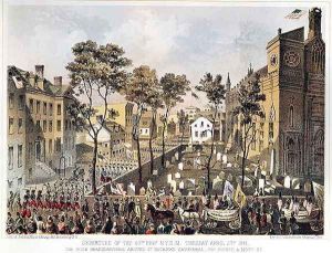 Departure of the 69th Regiment, N.Y.S.M., April 23rd 1861, the Irish Headquarters around St. Patricks Cathedral, corner of Prince and Mott Street, New York