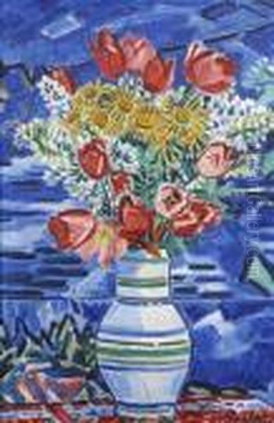 Still Life With Tulips, Daisies And Lilacs In A Vase - view 1