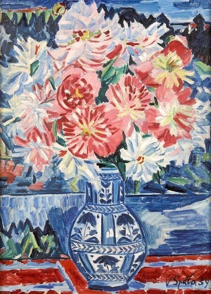 Still Life With Pink And White Flowers In A Blue Paint Decorated Vase - view 1