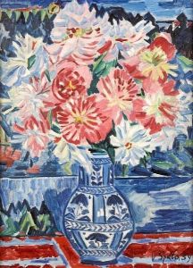 Still Life With Pink And White Flowers In A Blue Paint Decorated Vase by Vaclav Spala