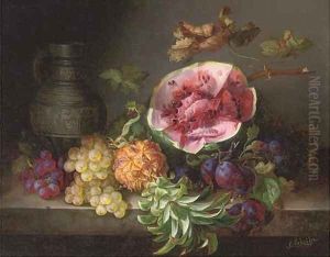 A watermelon and other fruit by an ornamental ewer