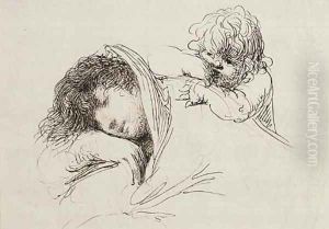 A sleeping woman, half-length, an infant leaning on her shoulder