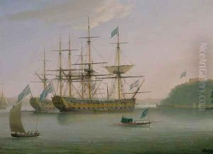 Two British Men of War moored under Mount Edgecomb, Plymouth with the admirals barge returning to shore