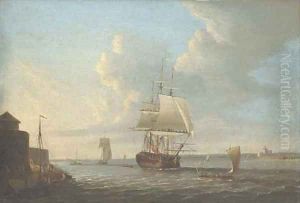 View of Portsmouth Harbour with a man-o'-war and other vessels